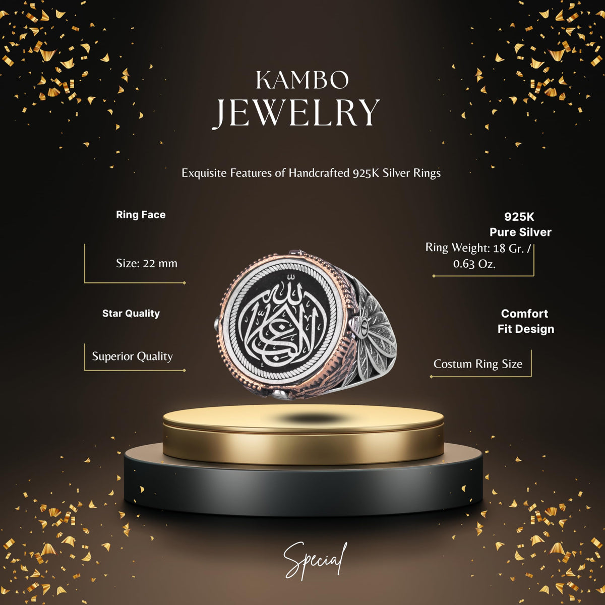 KAMBO Allah Written Arabic Calligraphy Men's Ring - 925 Sterling Silver, Bronze Detailed Oval Seal Ring, Handmade Islamic Jewelry — 2