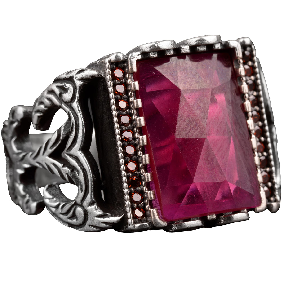 925 Sterling Silver Men's Ring - Synthetic Ruby Stone - Luxurious and Elegant Red Gemstone Ring