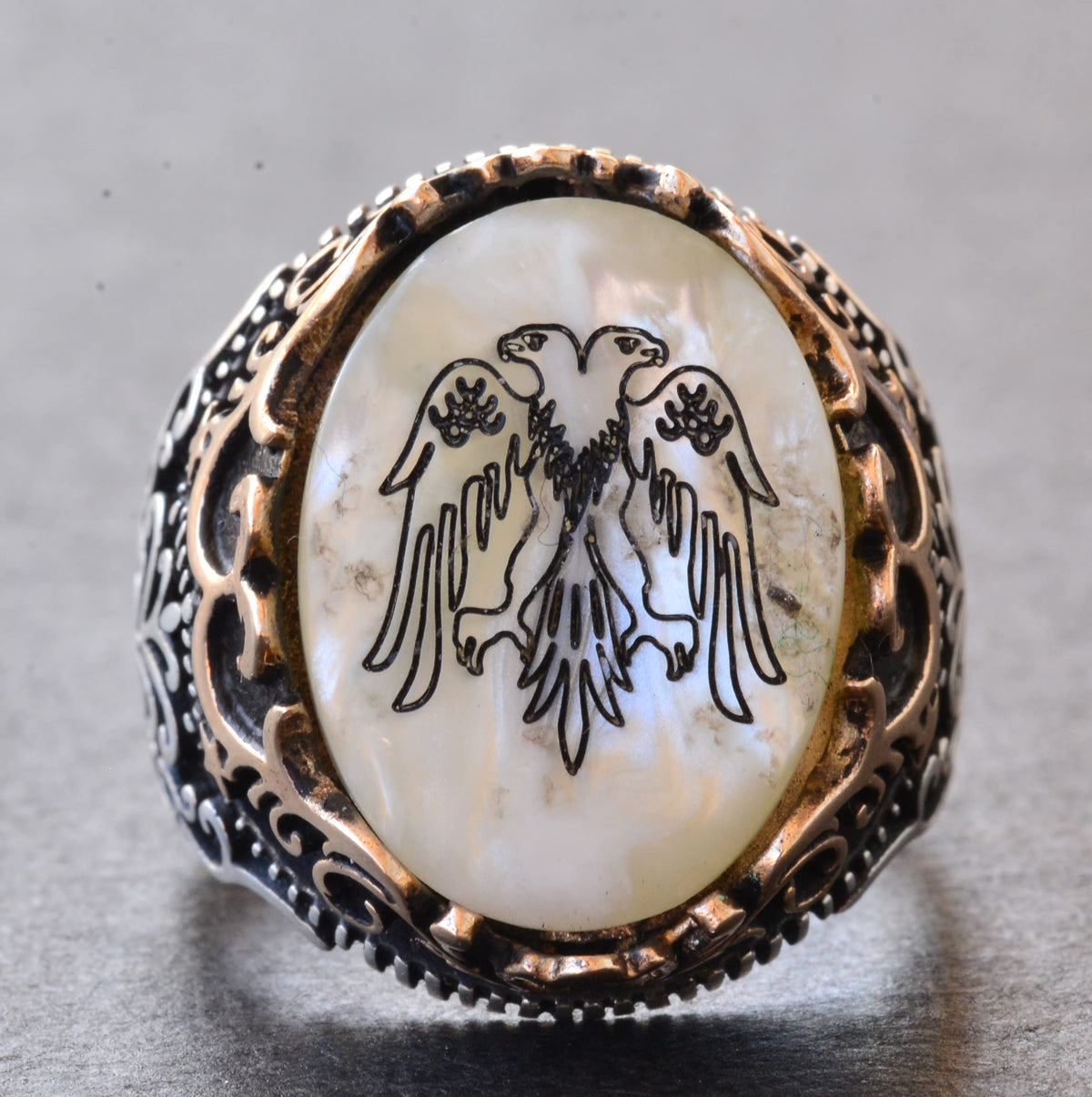 Silver Twin-Headed Eagle Ring - Pearl Detail Design — 8