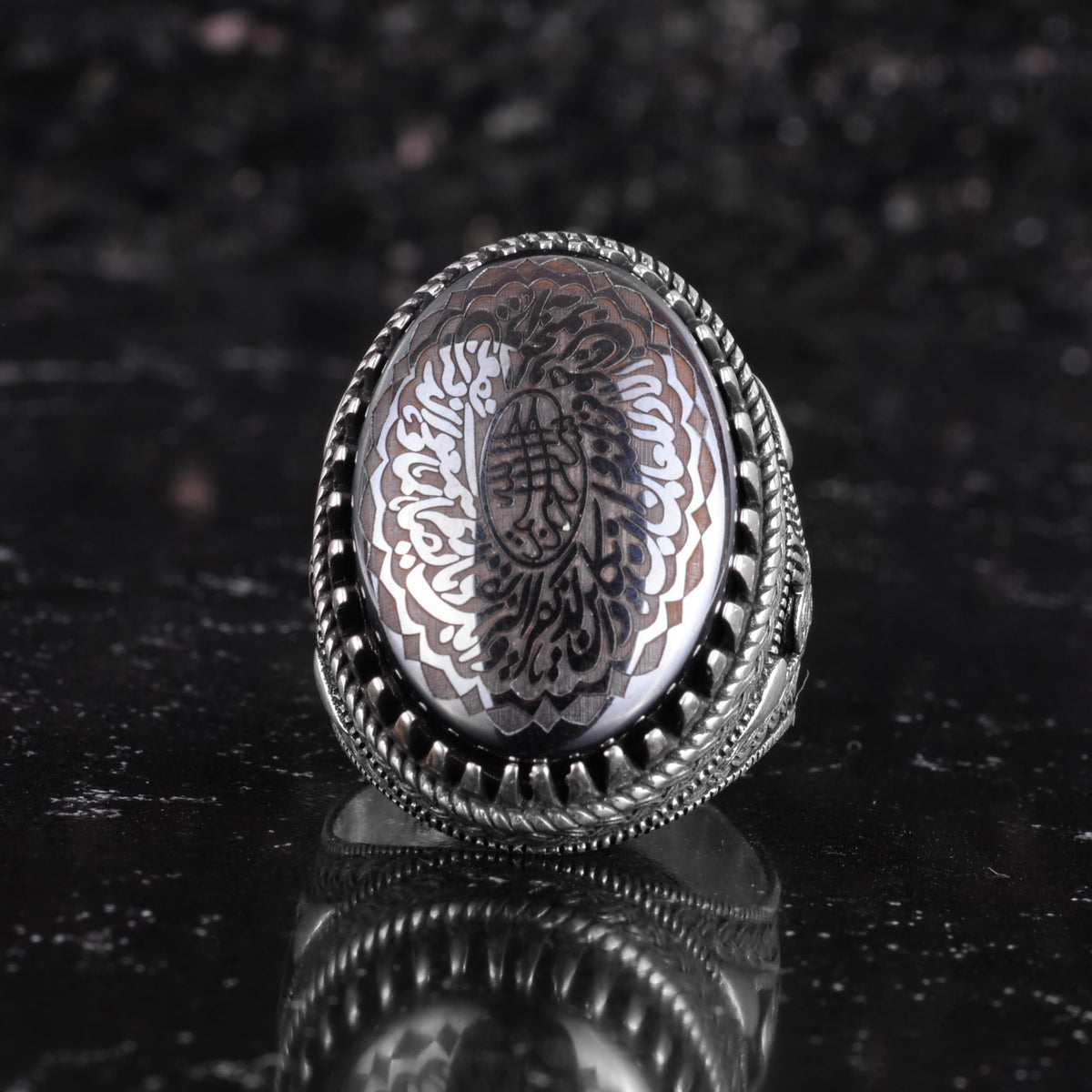 KAMBO Natural Hematite Stone Ring – 925 Sterling Silver Ottoman Tugra Design – Islamic Men's Statement Ring (Arabic Allah Inscription) — 2