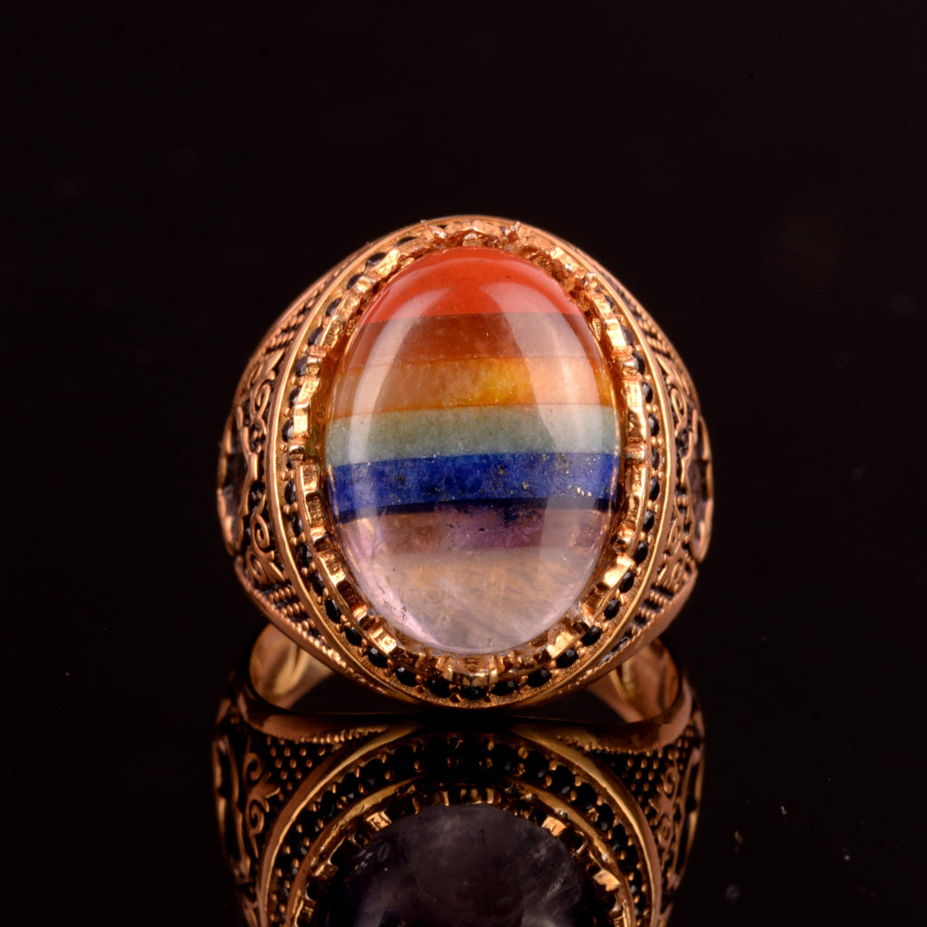 925 Sterling Silver Men's Ring, Real Natural Stone Rainbow Ring — 6