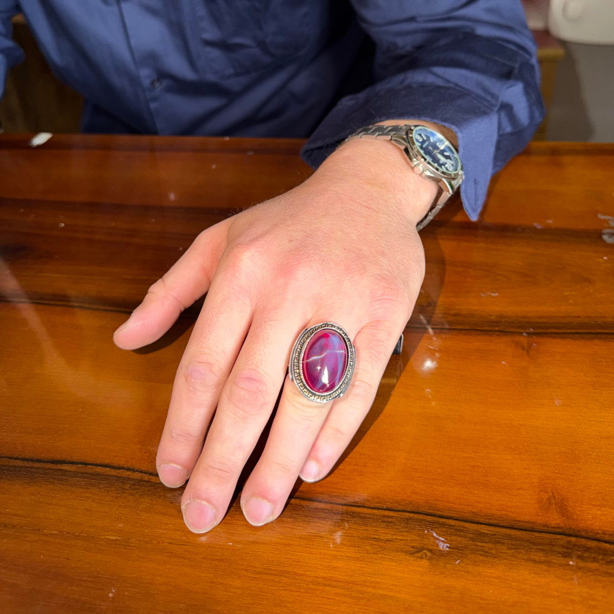 KAMBO Natural Star Ruby Stone Large Men's Ring – 925 Sterling Silver Statement Ring – Handmade Vintage Red Stone Ring — 2