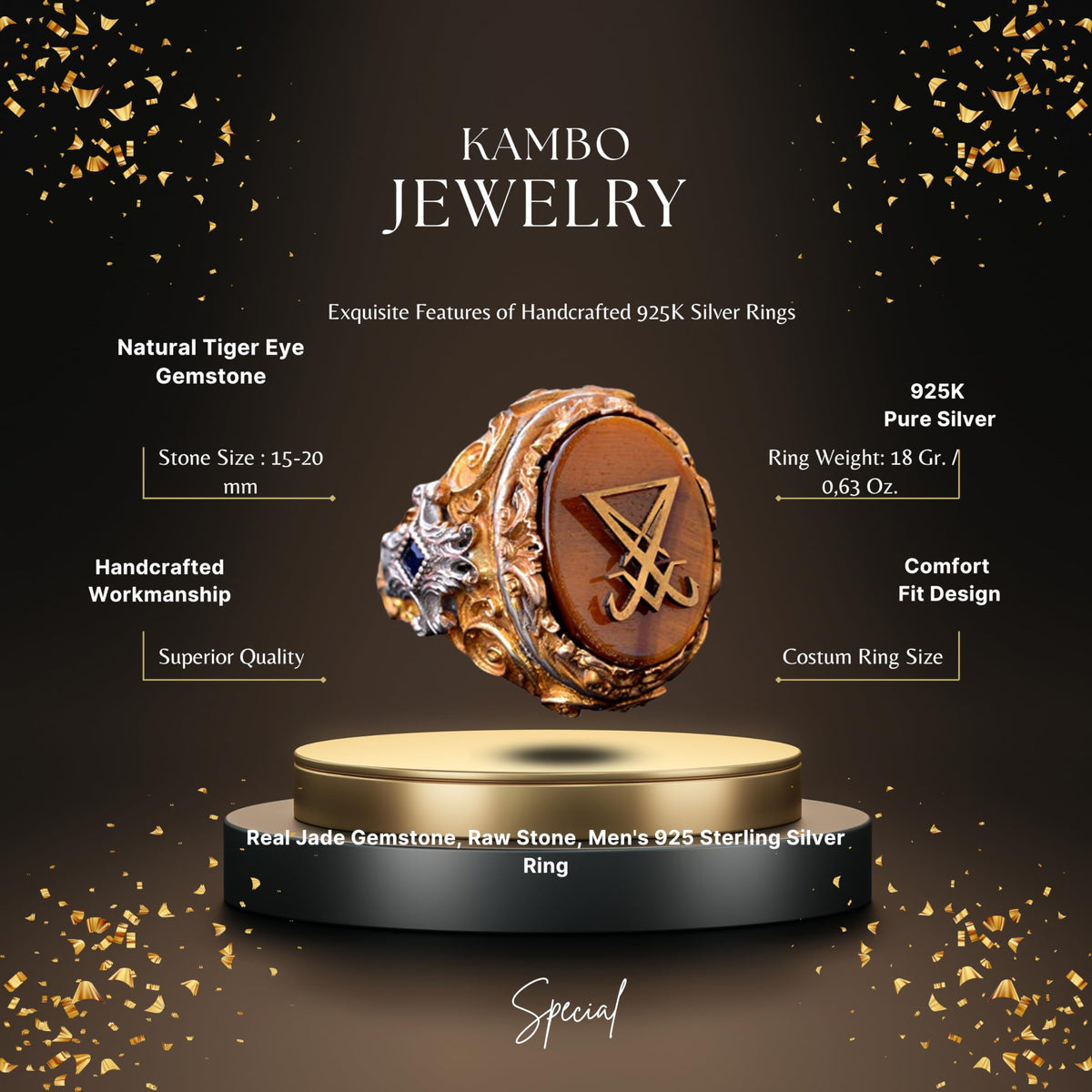 KAMBO Handmade 925 Sterling Silver Men's Signet Ring with Tiger Eye Stone, Satanic Sigil of Lucifer Gothic Occult Design