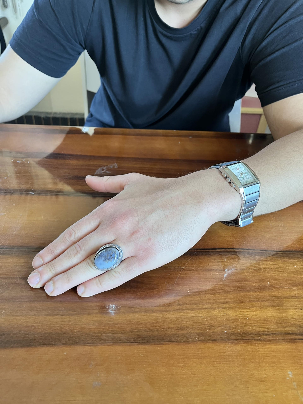KAMBO Natural Yemen Agate Large Men's Ring - Dendritic Aqeeq Stone Ring - Oval Stone Vintage Floral Engraved Statement Ring - 925 Sterling Silver Handmade Men's Jewelry — 3