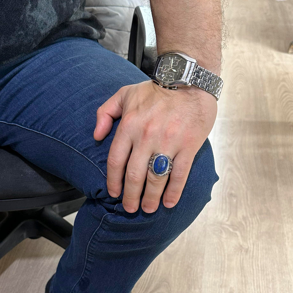 925 Sterling Silver Men's Ring, Natural Lapis Lazuli Stone, Wisdom and Truth Design — 3