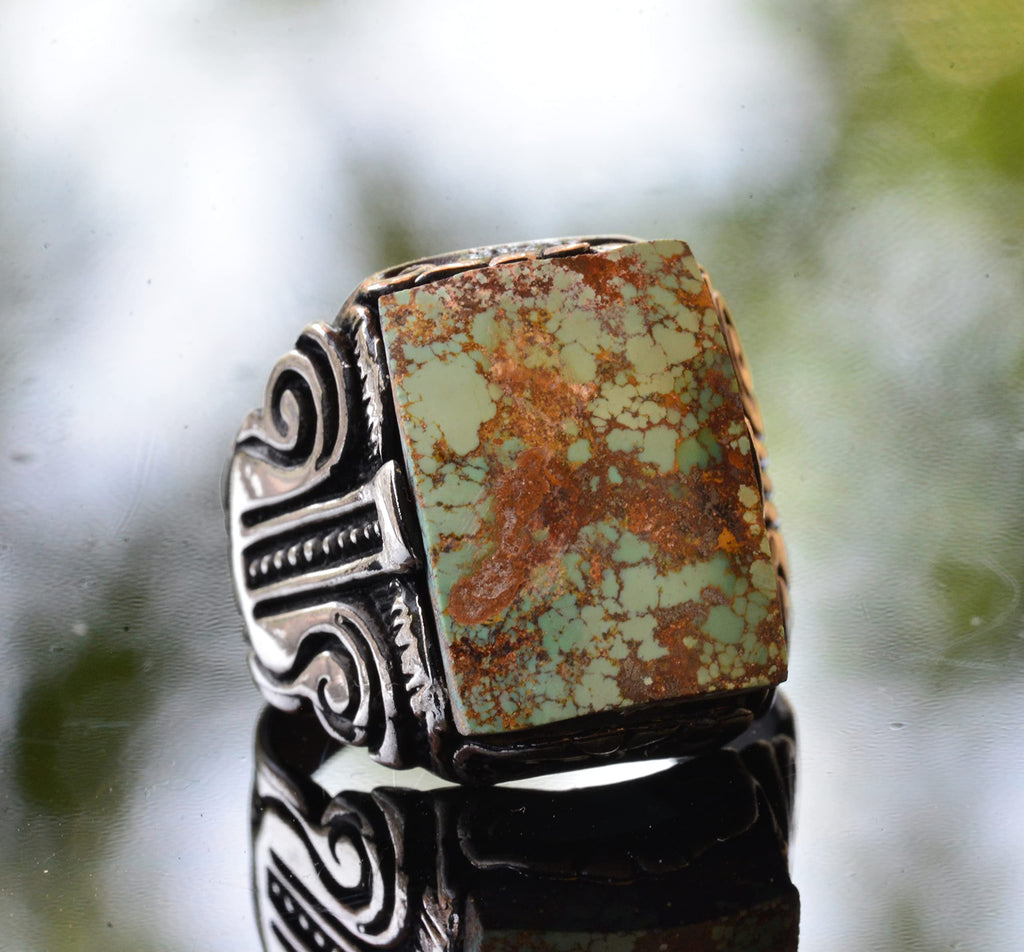 KAMBO Handmade 925 Sterling Silver Men's Ring with Natural Green Turquoise Gemstone, Vintage Statement Jewelry, Bold Des