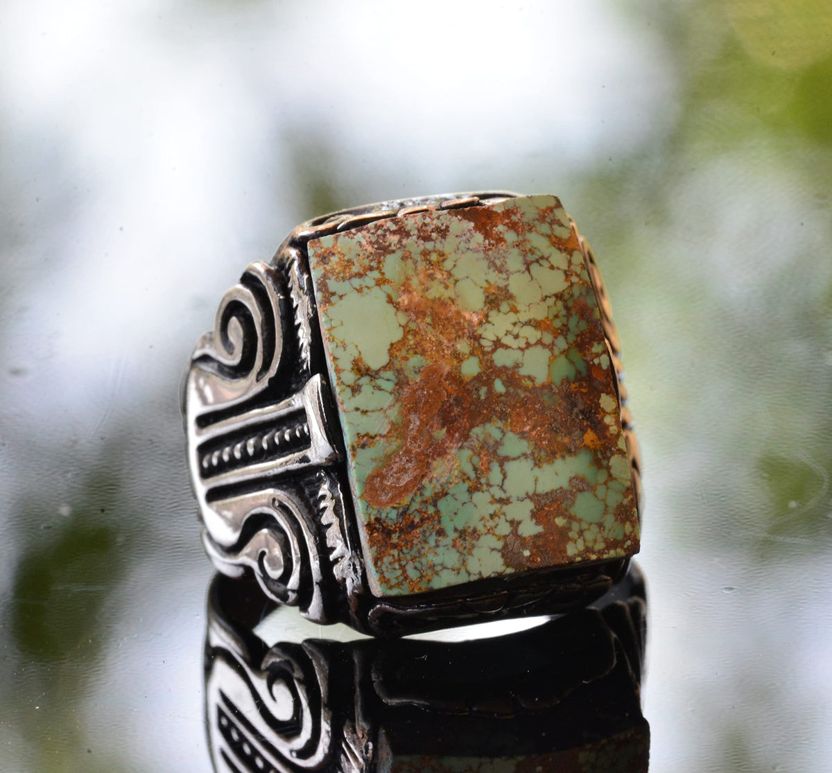 KAMBO Handmade 925 Sterling Silver Men's Ring with Natural Green Turquoise Gemstone, Vintage Statement Jewelry, Bold Des