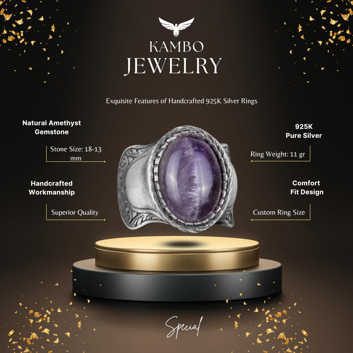 Natural Stone Ring, 925 Sterling Silver Ring, Amethyst — 2