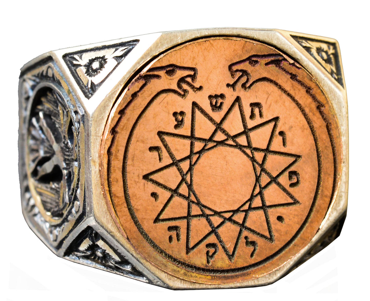 KAMBO Men's Masonic Ring Handmade 925 Sterling Silver Jewish Magic Ring with Double Headed Dragon Design Vintage Stateme