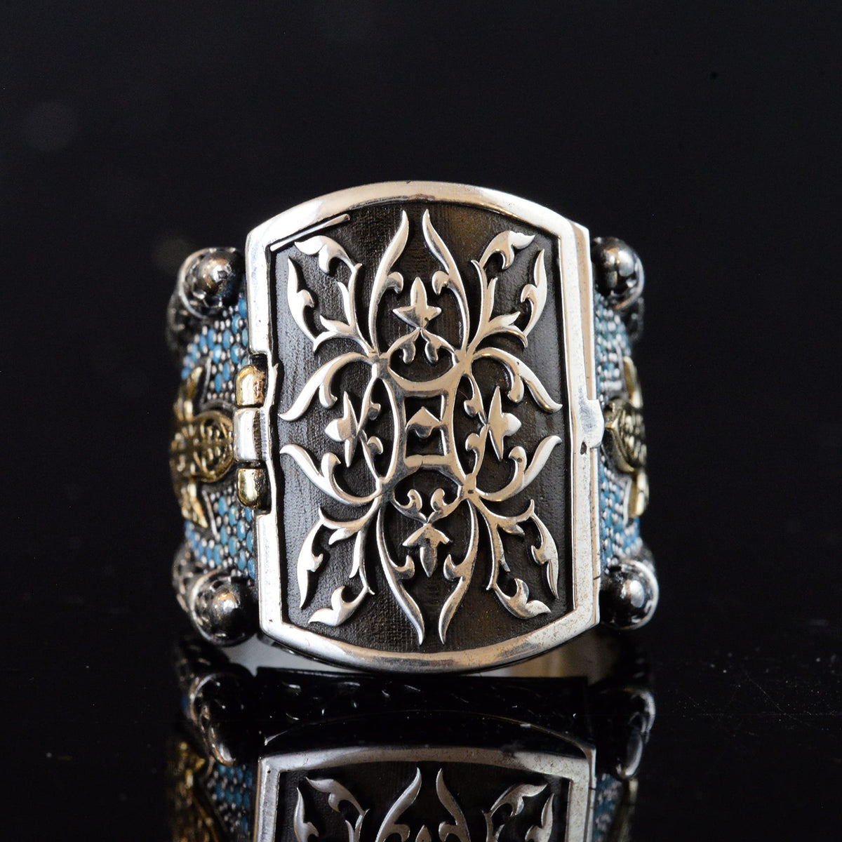 925 Sterling Silver Men's Box Ring with Turquoise Stones — 6