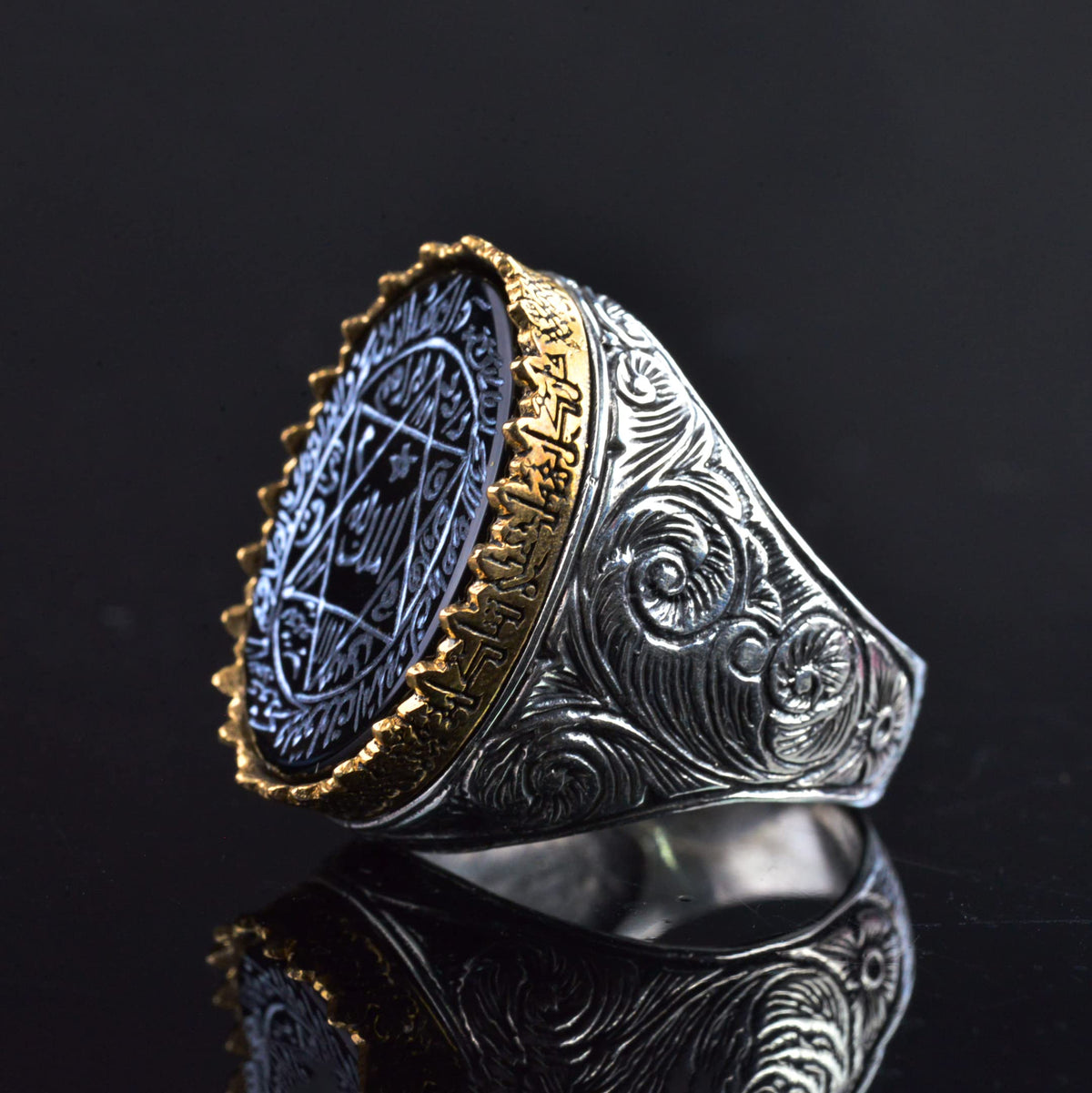 925 Sterling Silver Men's Ring, Black Onyx Stone and Seal of Solomon Design — 3