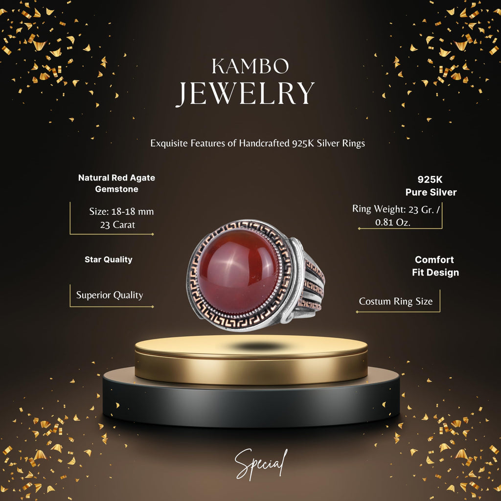KAMBO Stone Round Men's Ring 925 Sterling Silver – Cabochon Handmade Vintage Greek Pattern Statement Ring (Red Agate) — 2
