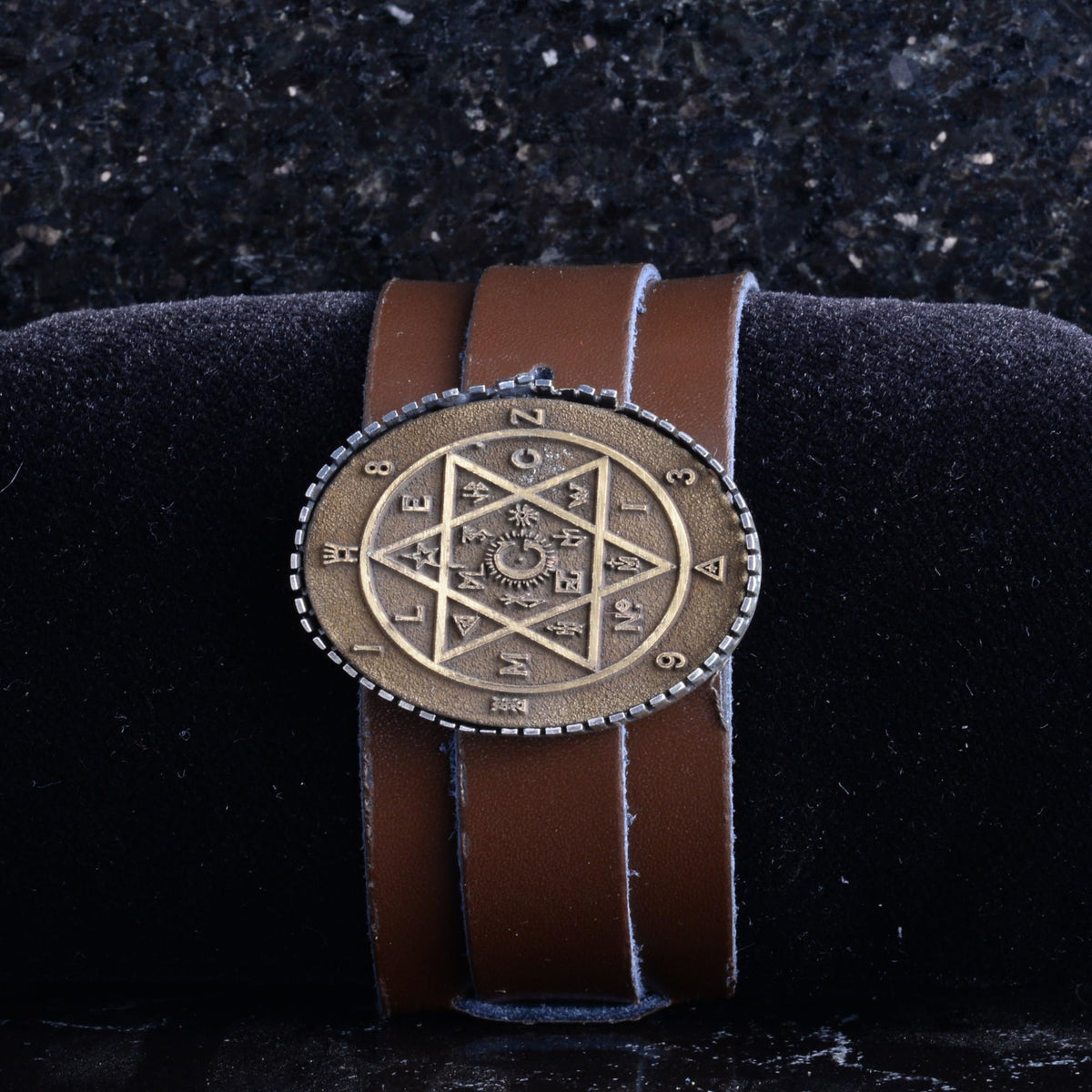KAMBO Genuine Leather Cuff Bracelet for Men, Star of David Medallion in 925 Sterling Silver Frame, Handmade Wide Wristba
