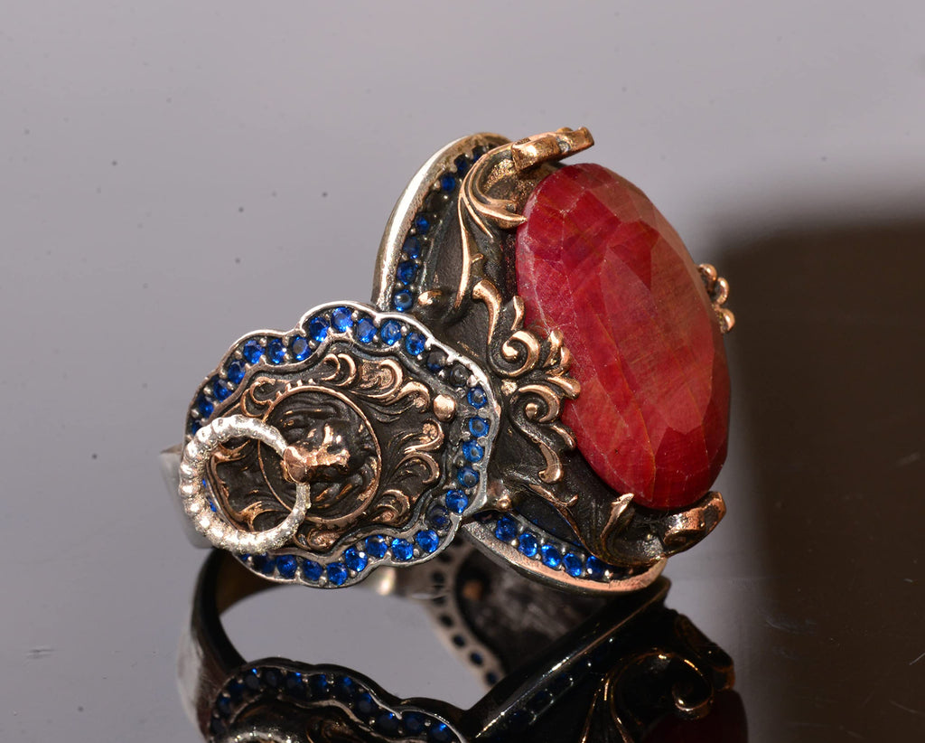 Handmade 925 Sterling Silver Lion Design Ring - Natural Ruby — 4