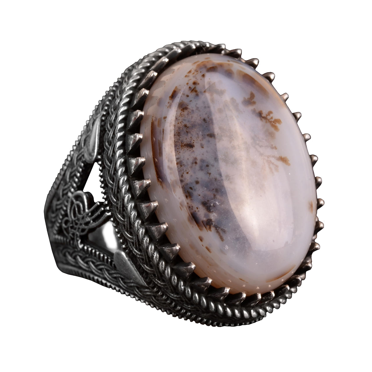 925 Sterling Silver Men's Ring, Natural Yemen Agate Stone Ring, Oval Tugra Ring