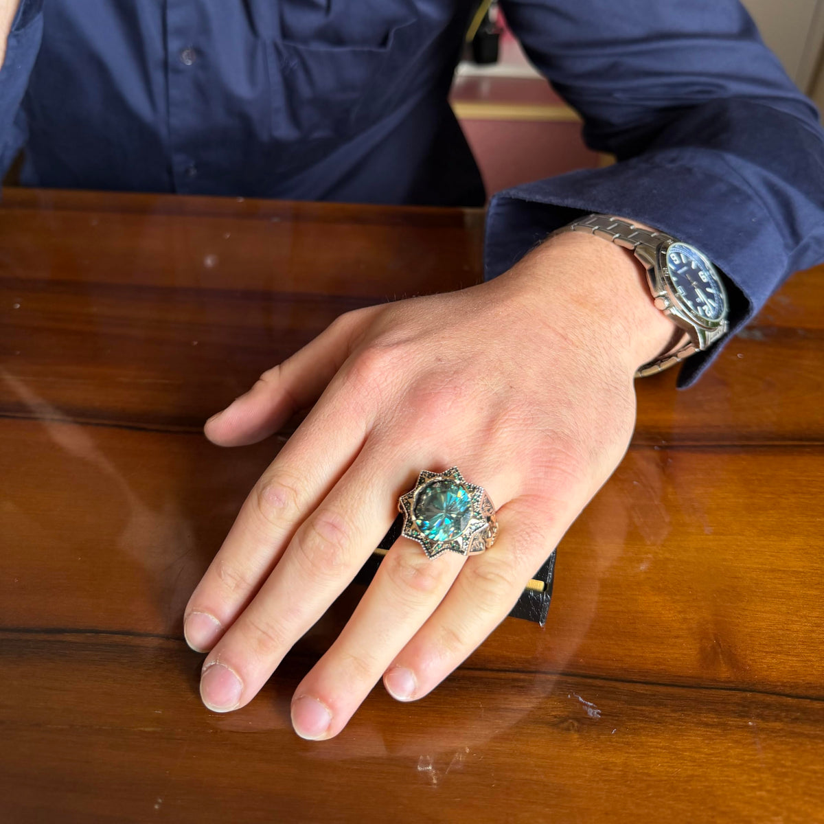 KAMBO Natural Moissanite Stone Ring 925 Sterling Silver Men's Ring Large Star Design Handmade Ottoman Style Statement Jewelry — 3