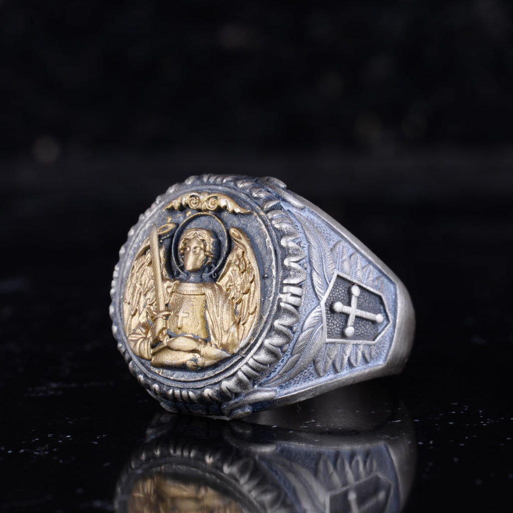 KAMBO Archangel Michael Men's Ring – Gold Plated 925 Sterling Silver Angel Sword Cross Ring – Handmade Christian Statement Jewelry — 5