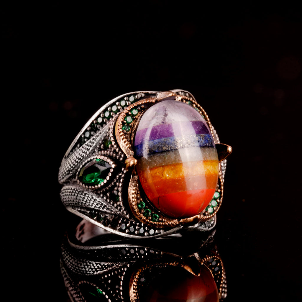 Rainbow Stone Silver Ring, Multicolor Ring, 925 Sterling Silver Men's Ring — 4