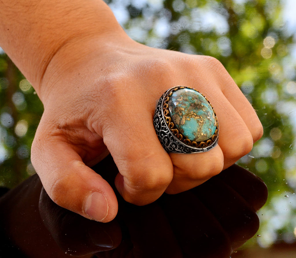 925 Sterling Silver Real Arizona Turquoise Stone Men's Ring (Model-2) — 7