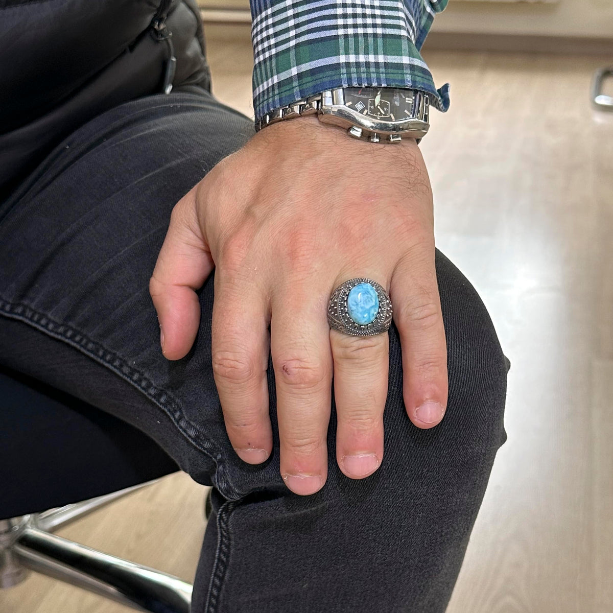 Natural Larimar Stone Ring, 925 Sterling Silver Men's Ring — 3