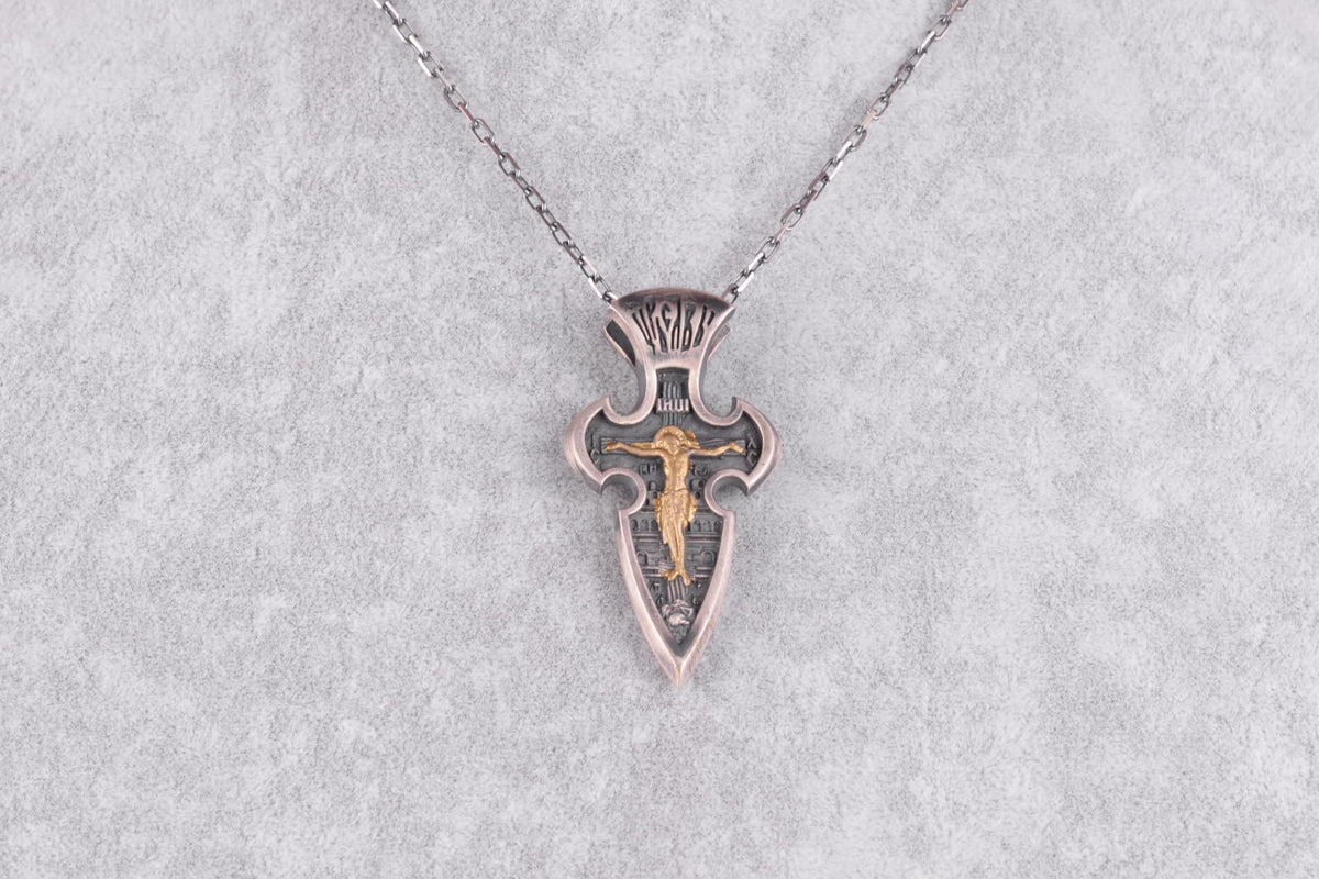 KAMBO 925 Sterling Silver Gold Plated Saint Michael Cross Necklace with Chain – Archangel Sword Shield Necklace – Two Tone Oxidized Men's Religious Jewelry — 5