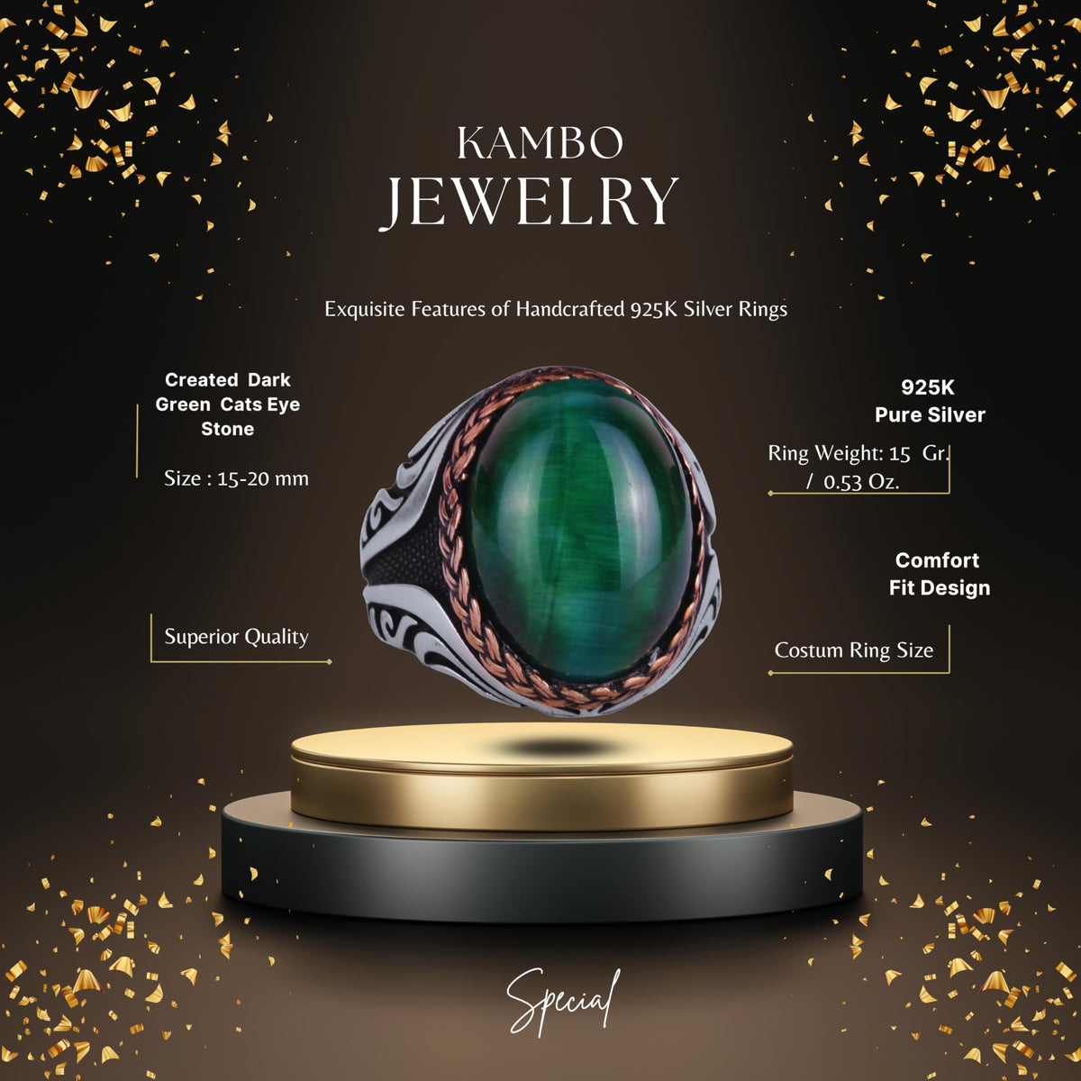 925 Sterling Silver Ring - Synthetic Stone Silver Ring - Handmade Ring (Dark Green Cat's Eye) — 2