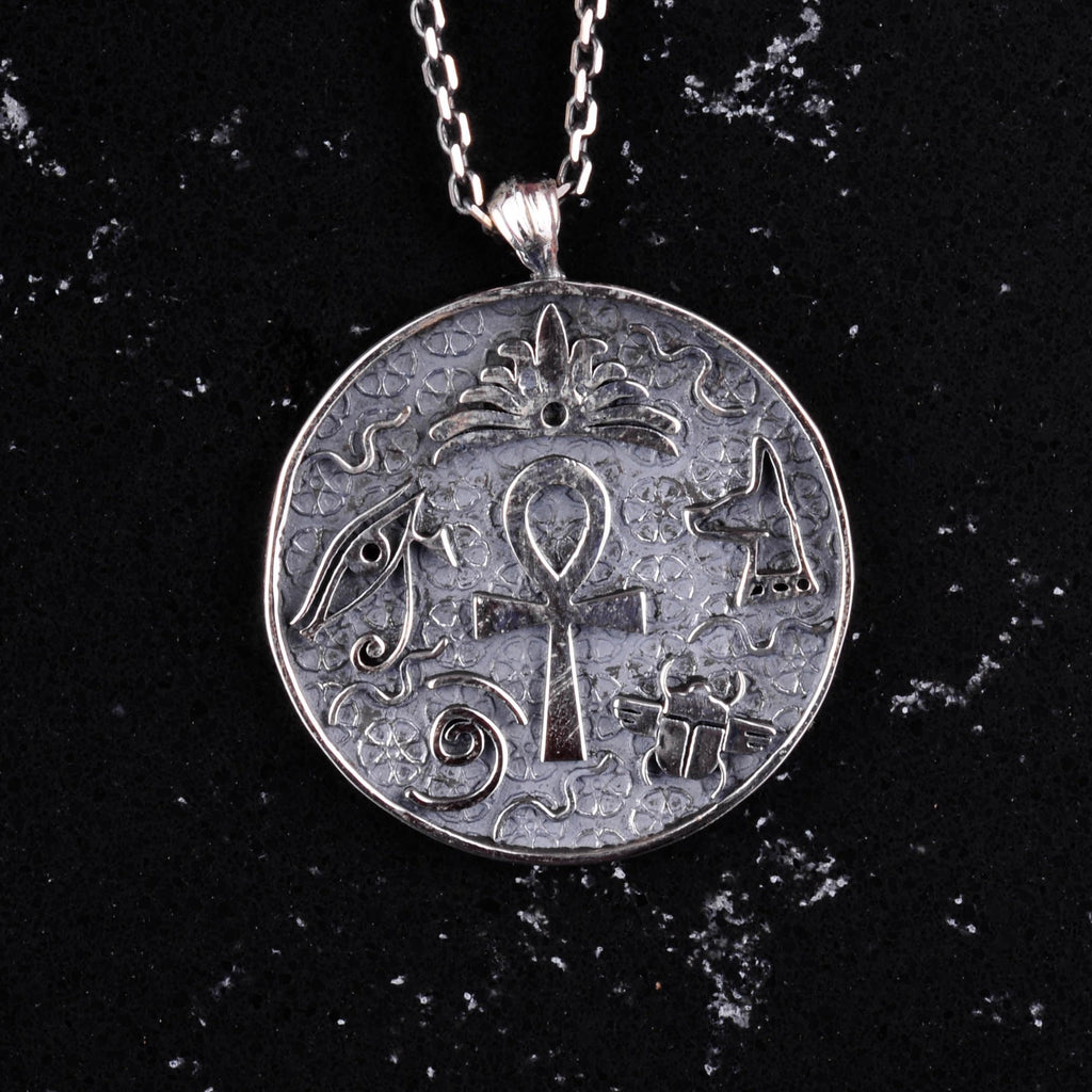 925 Sterling Silver Antique Egyptian Symbol Pendant - Handmade Ankh, Eye of Horus, and Scarab — 3
