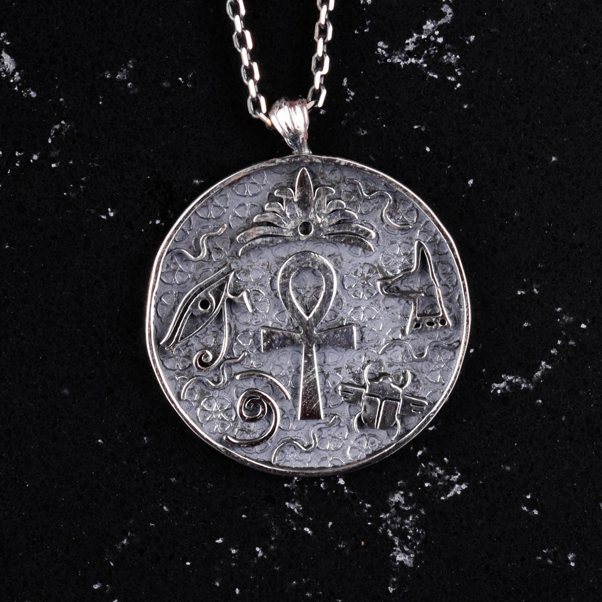 925 Sterling Silver Antique Egyptian Symbol Pendant - Handmade Ankh, Eye of Horus, and Scarab — 3