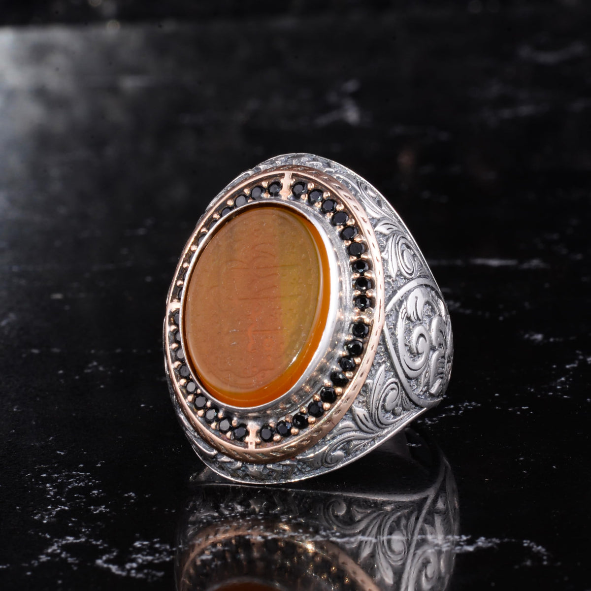 Men's Natural Stone Large Ring – Oval Stone Vintage Byzantine Engraved Statement Ring - Antique Filigree 925 Sterling Silver Jewelry (Arabic Calligraphy Yemen Agate) — 3