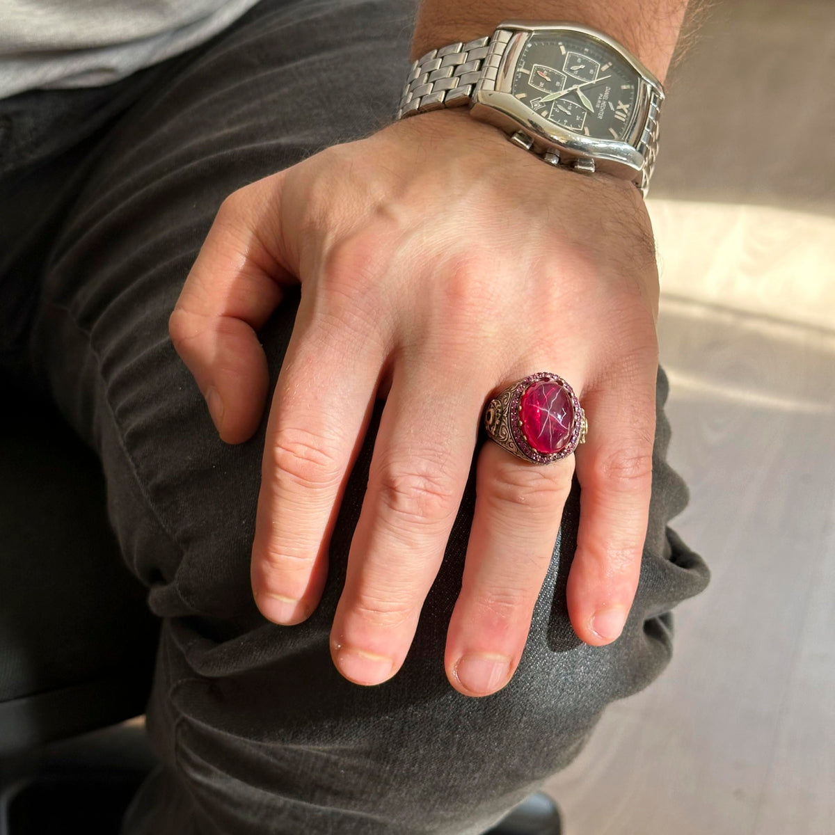 Natural Star Ruby Stone Ring - 925 Sterling Silver Men's Ring — 3