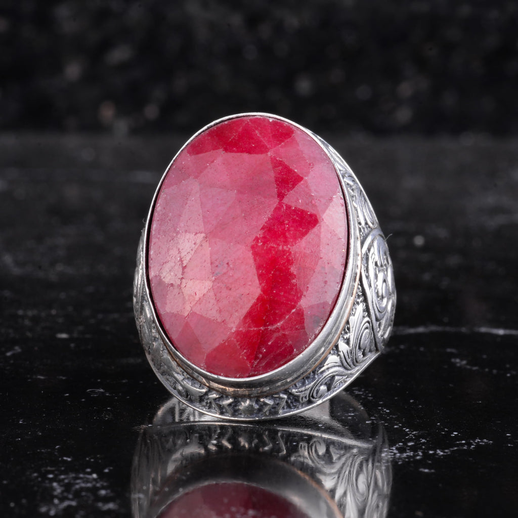 KAMBO Natural Ruby Stone Large Ring for Men - Faceted Oval Vintage Engraved Statement Ring - 925 Sterling Silver Handmade Men's Jewelry — 3