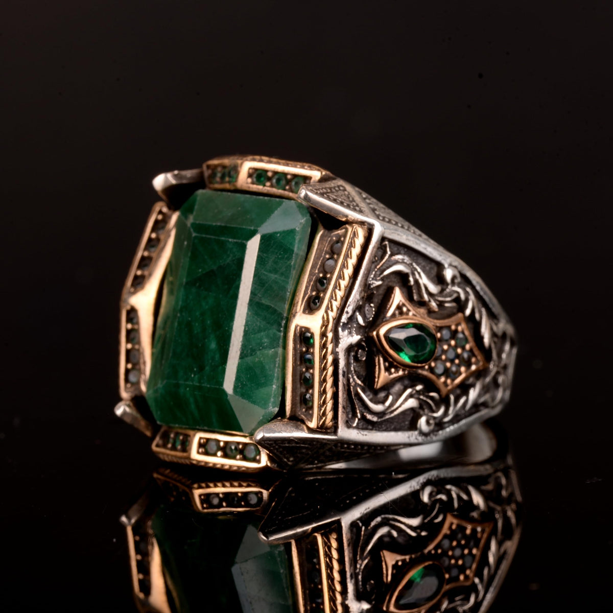 Natural Emerald Stone Ring, 925 Sterling Silver Men's Ring — 6