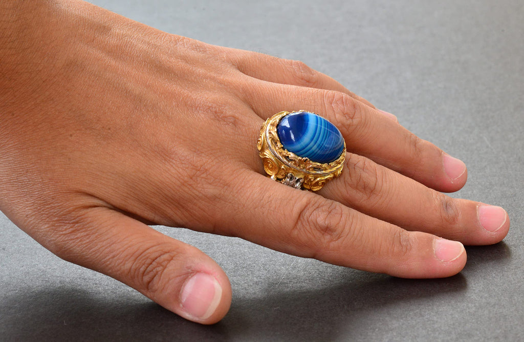 Natural Blue Agate Stone Men's Ring, Gold Plated 925 Sterling Silver Ring, Handmade Silver Ring — 6