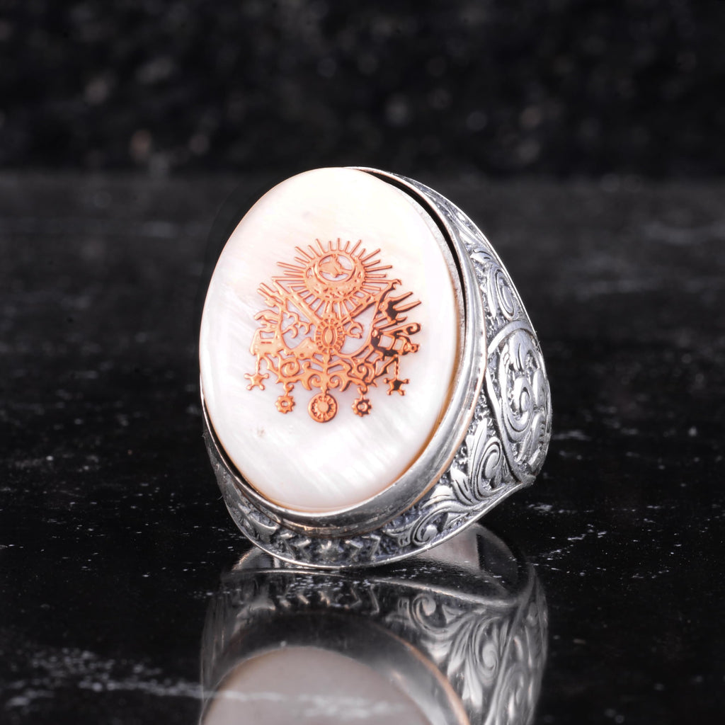 KAMBO Mother of Pearl Large Men's Ring - 925 Sterling Silver Ottoman Empire Symbol Ring - Large Oval Handmade Statement Ring (Mother of Pearl Ottoman Coat of Arms) — 4