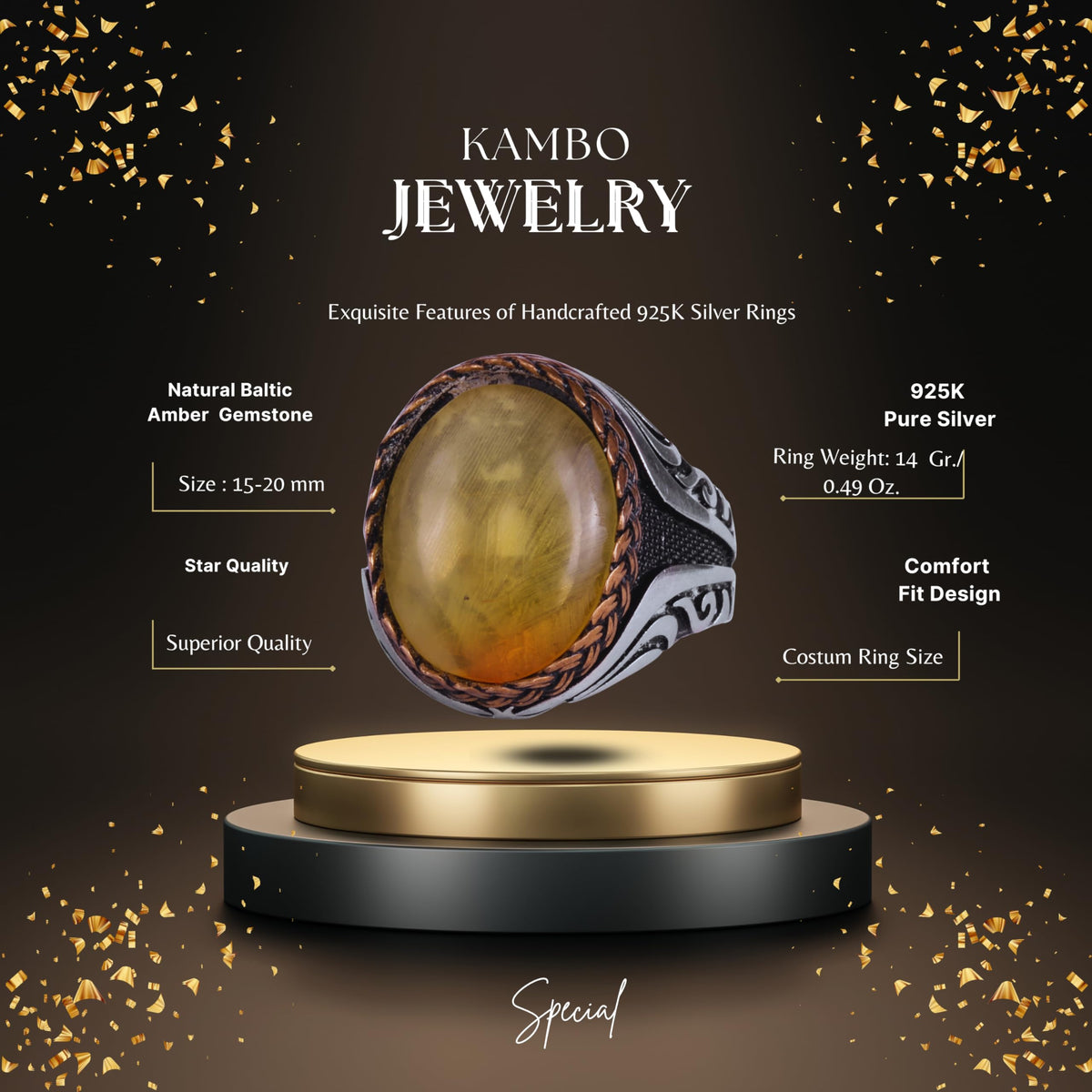 KAMBO Men's Natural Baltic Amber Stone Ring – 925 Sterling Silver Handmade Statement Ring – Authentic Amber Jewelry with Ottoman Style Details (Style-6) — 2