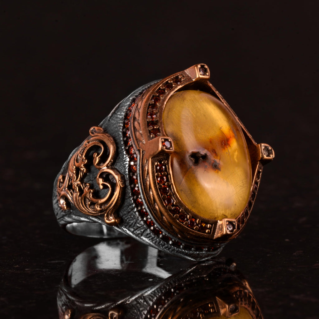 925 Sterling Silver Men's Ring, Amber Stone Ring — 4