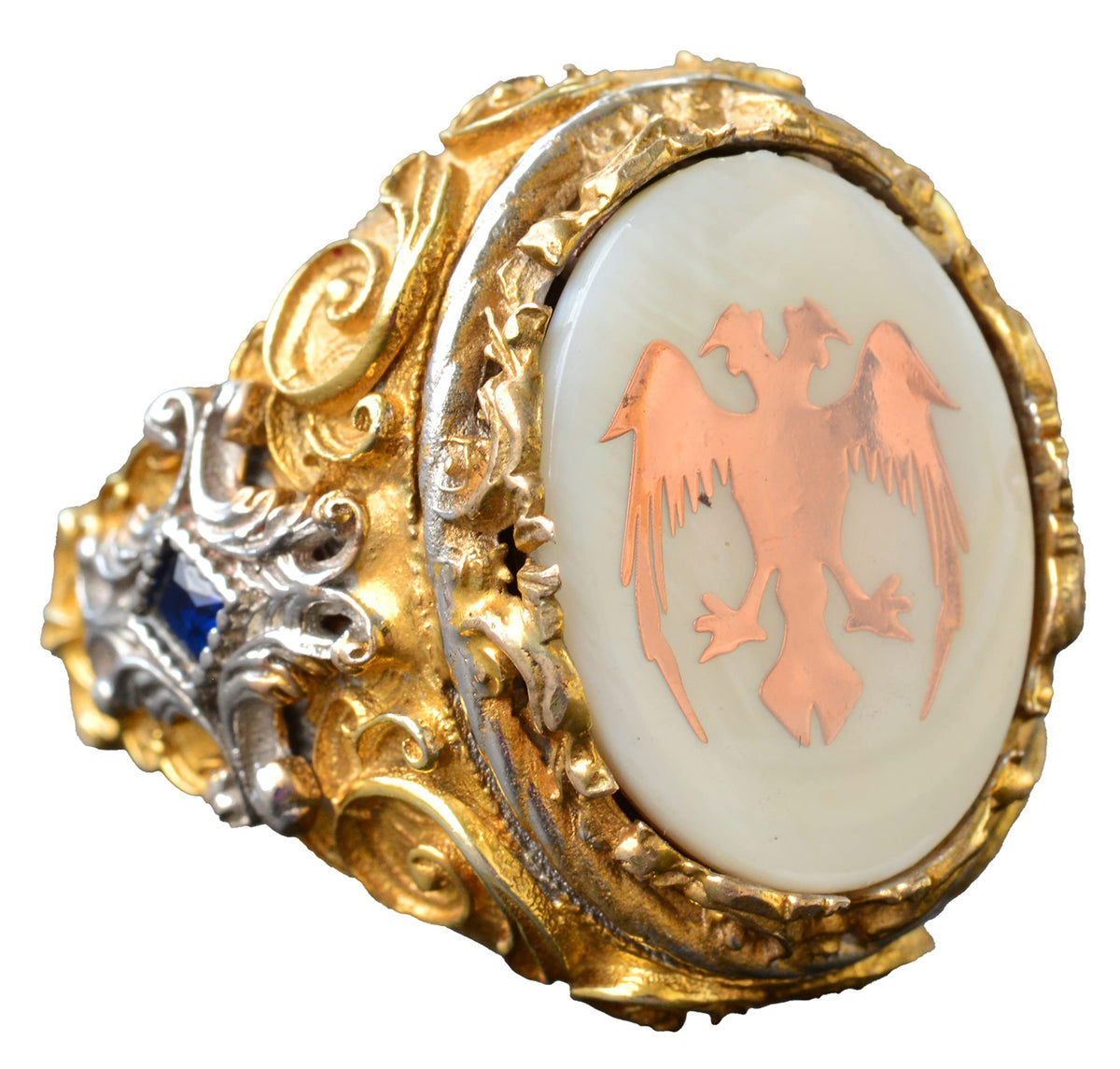 Men's Silver Ring - Pearl Stone - Ring (Double Headed Eagle)