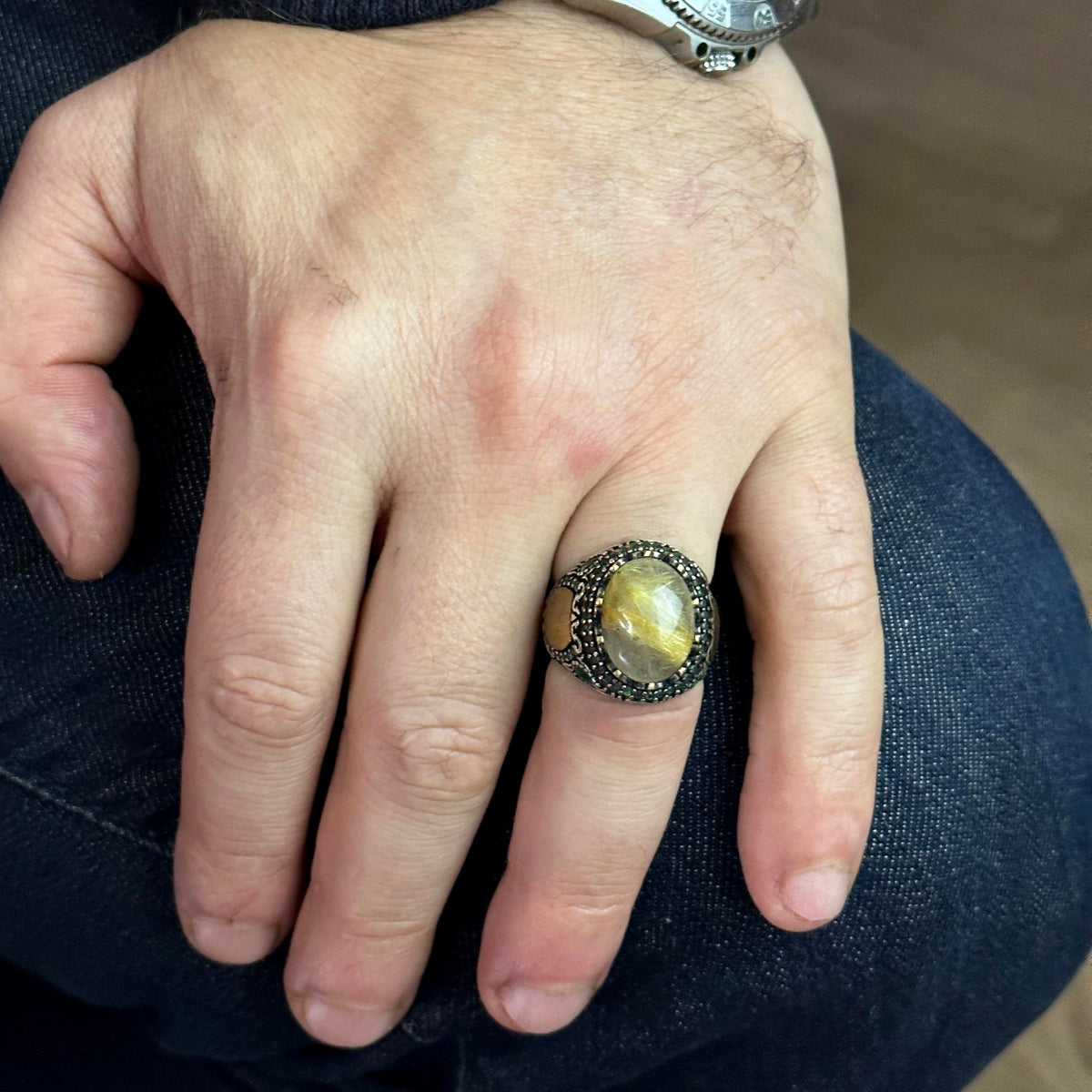 Natural Golden Rutilated Quartz Stone Ring - Silver Men's Ring — 3