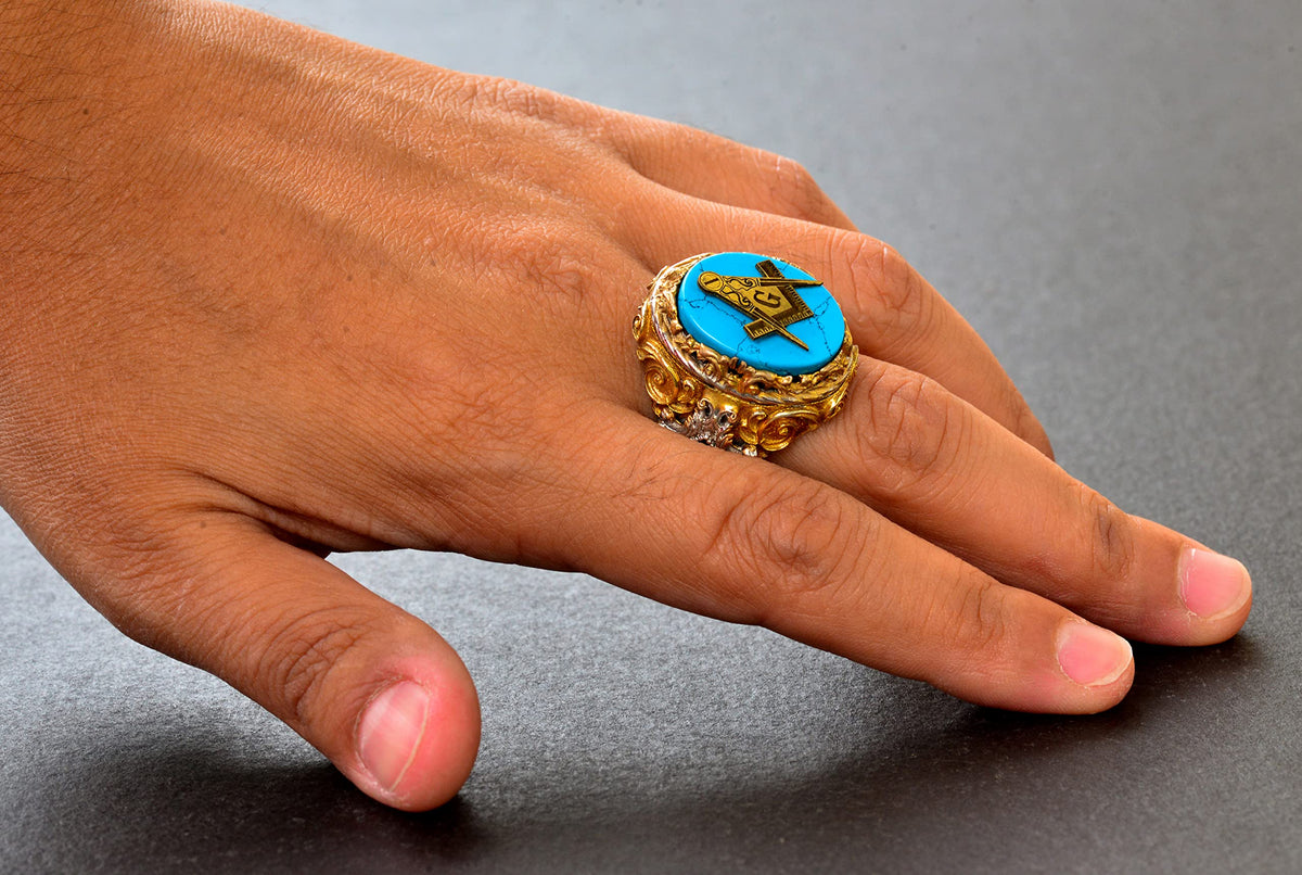 KAMBO Natural Turquoise Gemstone Men's Masonic Ring, Handcrafted 925 Sterling Silver with Intricate Signet Design, Uniqu
