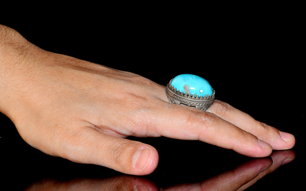 Silver Ring - Natural Turquoise Oval Stone, Ottoman Design — 6