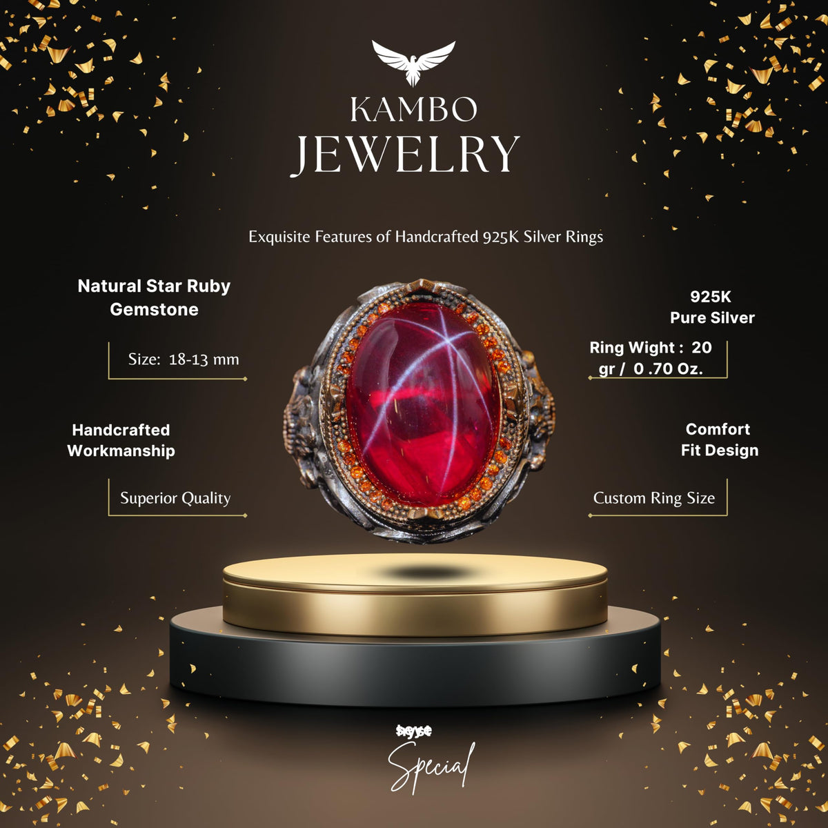 Natural Star Ruby Stone Ring - 925 Sterling Silver — 2