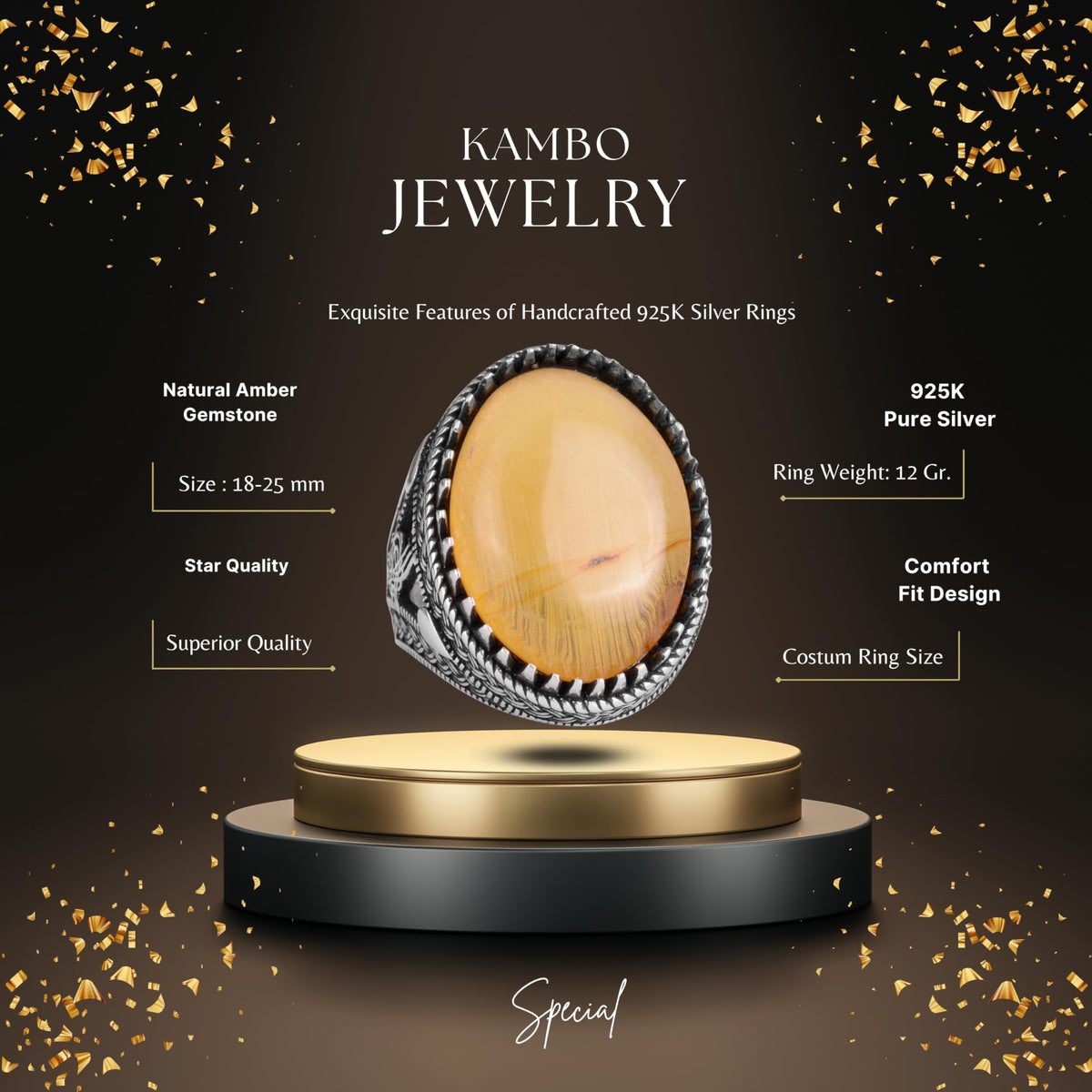 KAMBO Ottoman Tugra Design Natural Amber Stone Ring - 925 Sterling Silver Handmade (Model-5) — 2