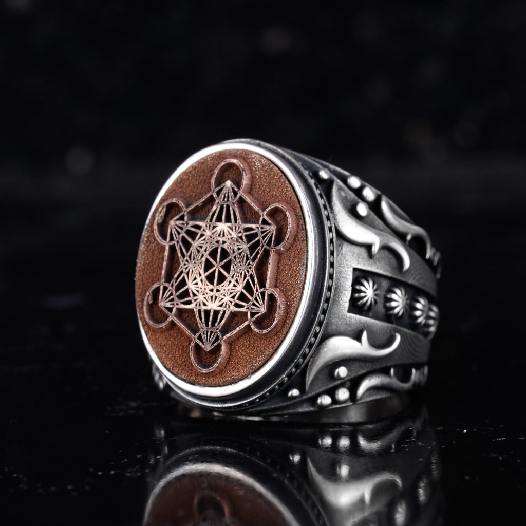 KAMBO Metatron Cube Men's Ring – 925 Sterling Silver Bronze Detail Sacred Geometry Ring – Handmade Symbolic Jewelry — 6