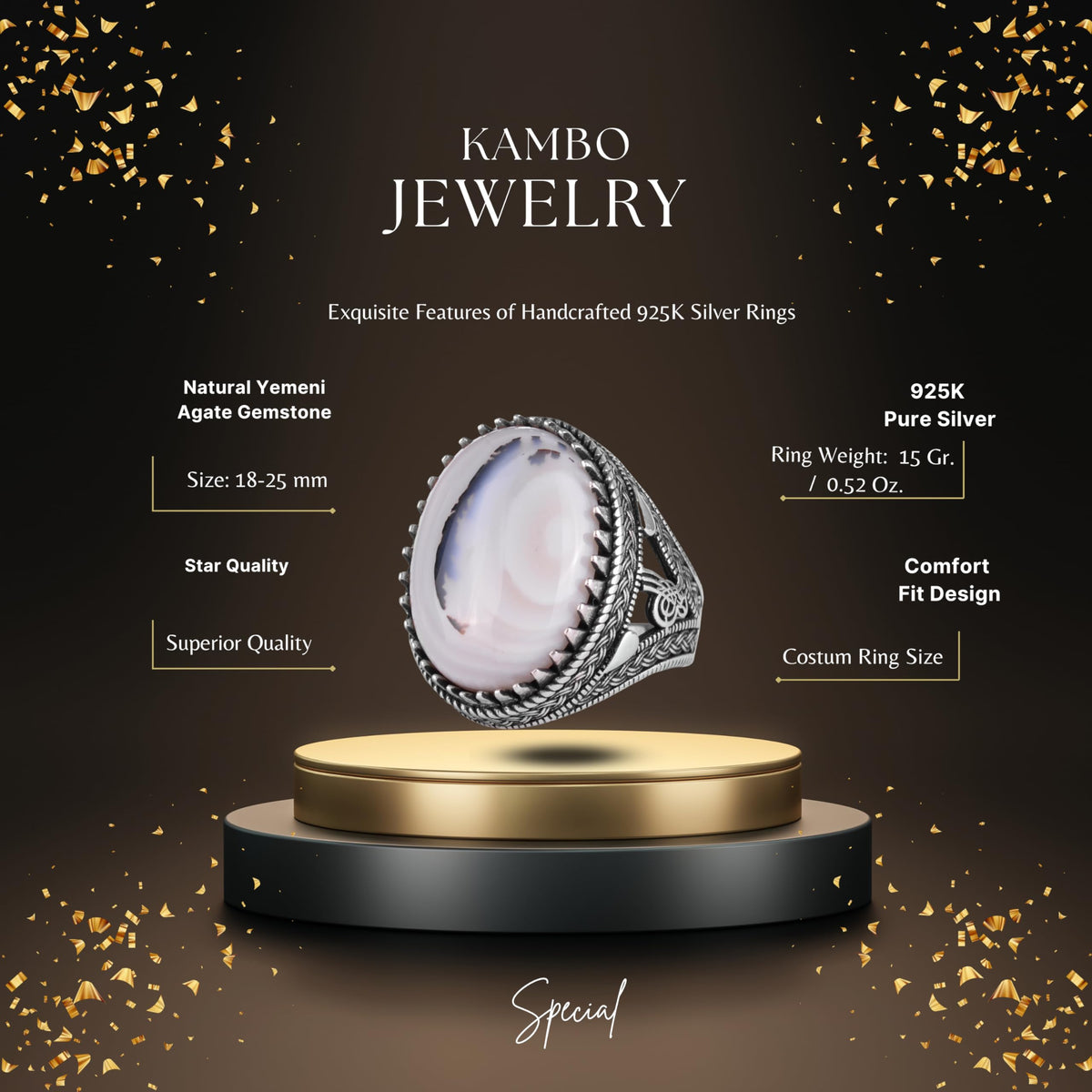 KAMBO Natural Yemen Agate Stone Men's Ring – 925 Sterling Silver Large Statement Ring – Handmade Ottoman Tugra Design Jewelry (Style-1) — 2