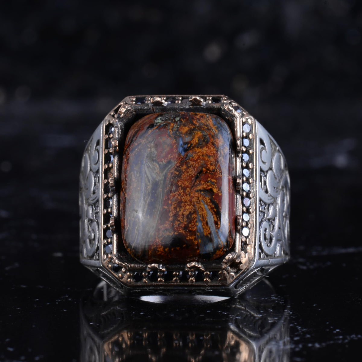 KAMBO Natural Stone Ring for Men 925 Sterling Silver - Rectangular Statement Ring Handmade Jewelry (Pietersite) — 4