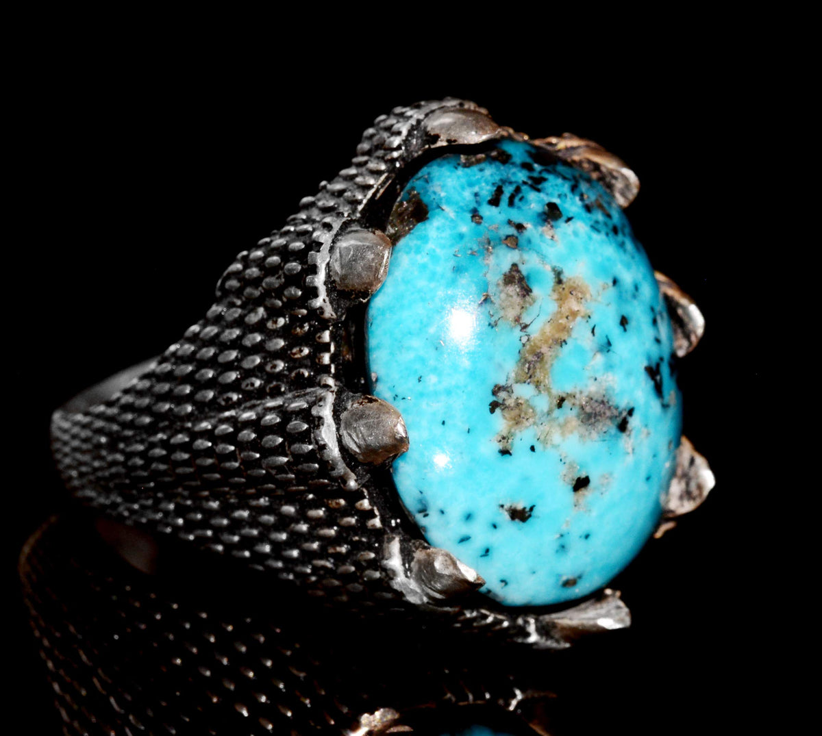 Silver Men's Ring - Arizona Turquoise Natural Stone - Hawk Claw Design (Model-1) — 3
