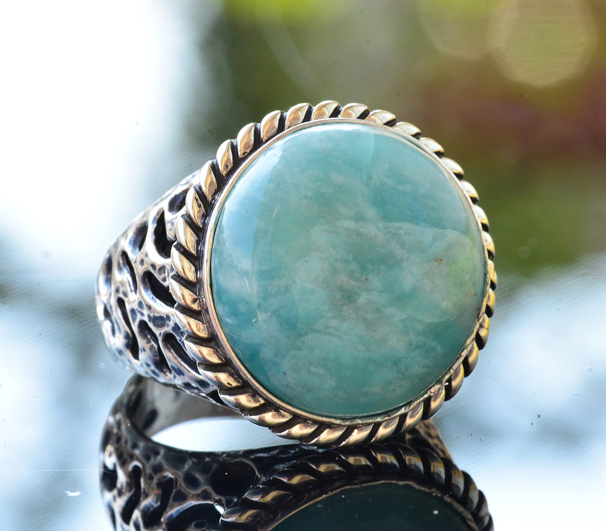 Natural Amazonite Round Stone Ring, Silver Men's Ring — 3