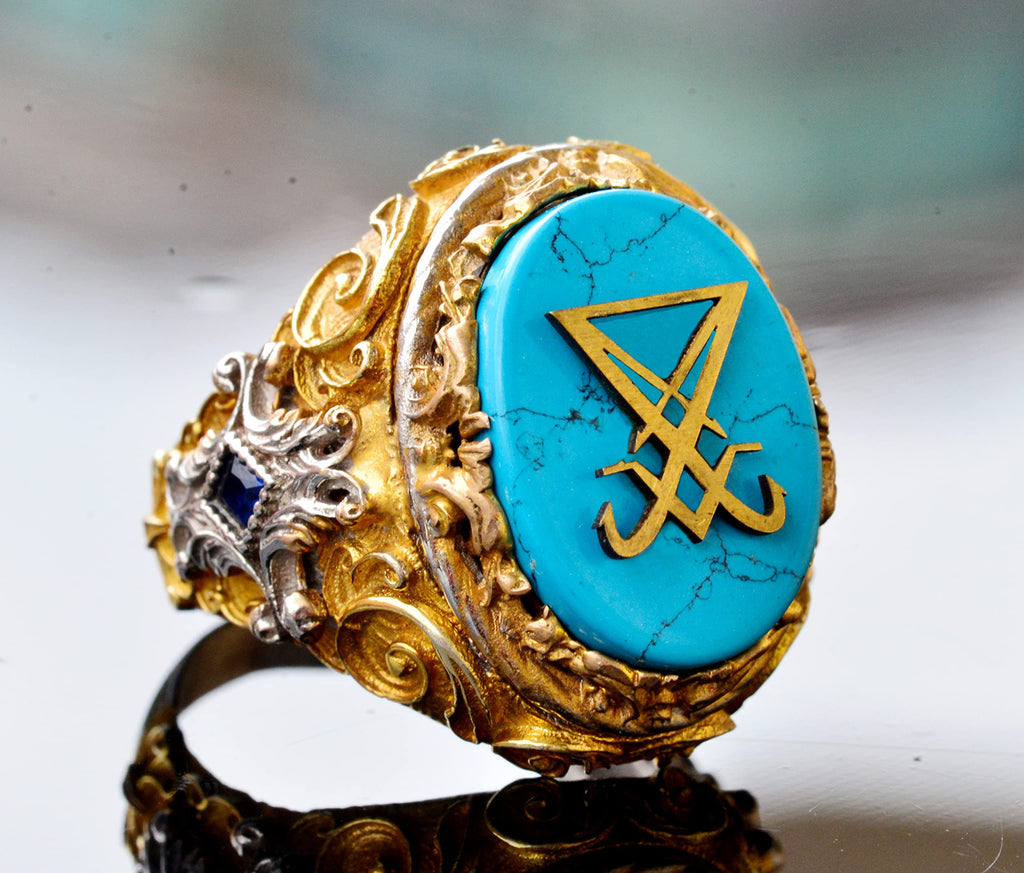 Handcrafted 925 Sterling Silver Men's Lucifer Ring - Natural Turquoise Stone, Gold Plated, Fine Craftsmanship King Seal Design — 4