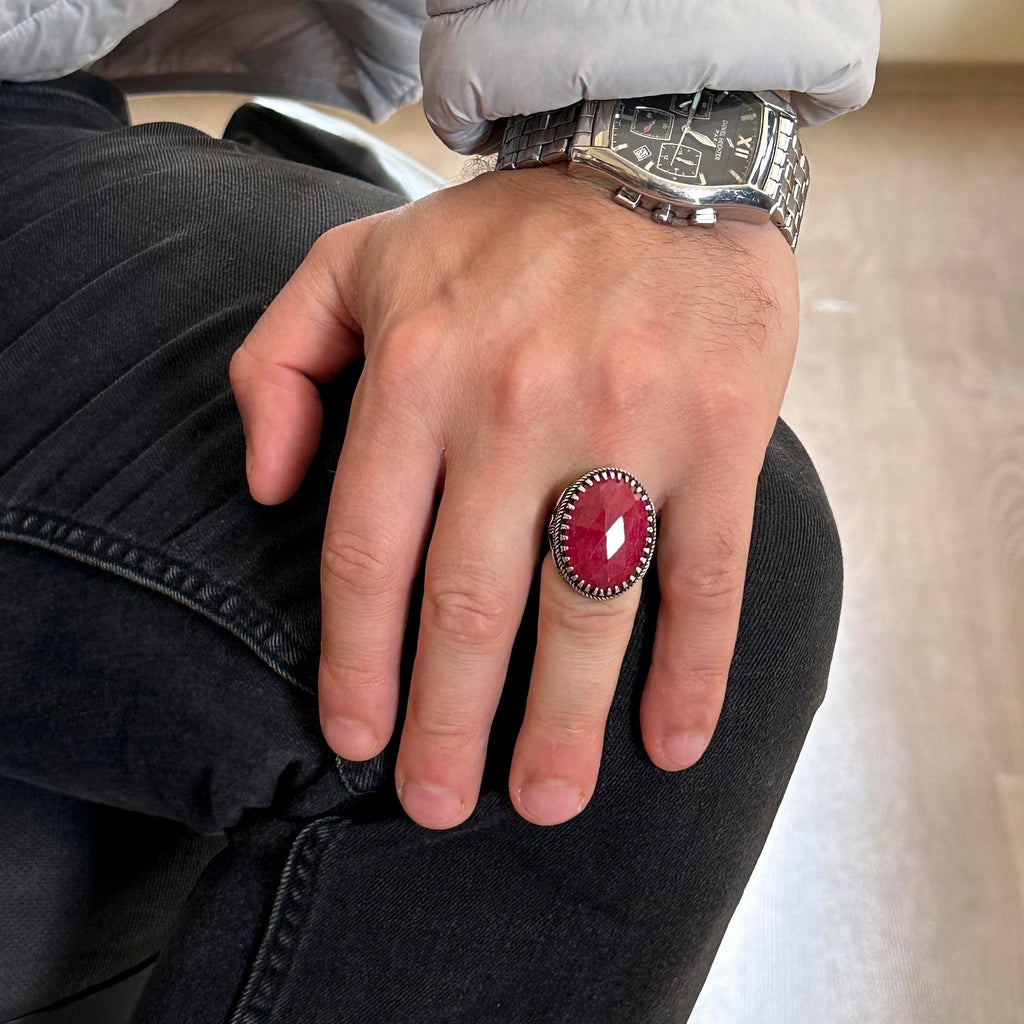 Natural Ruby Stone Ring - Ottoman Tugra Pattern - 925 Sterling Silver Ring — 3