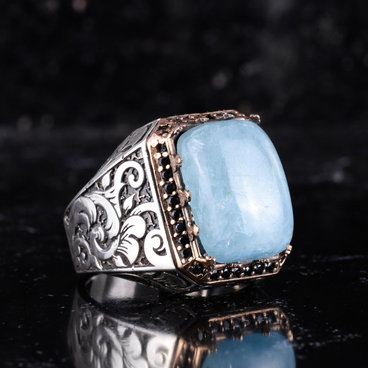 KAMBO Natural Stone Ring for Men 925 Sterling Silver - Rectangular Statement Ring Handmade Jewelry (Aquamarine) — 6